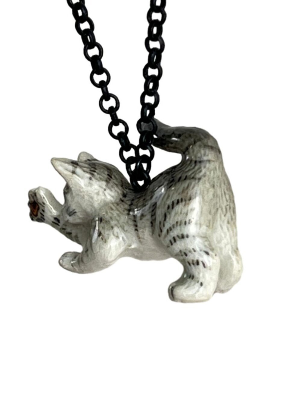 Handmade Miniature Ceramic Playful Gray Striped Kitten Cat Pendant Necklace - Picture 3 of 9